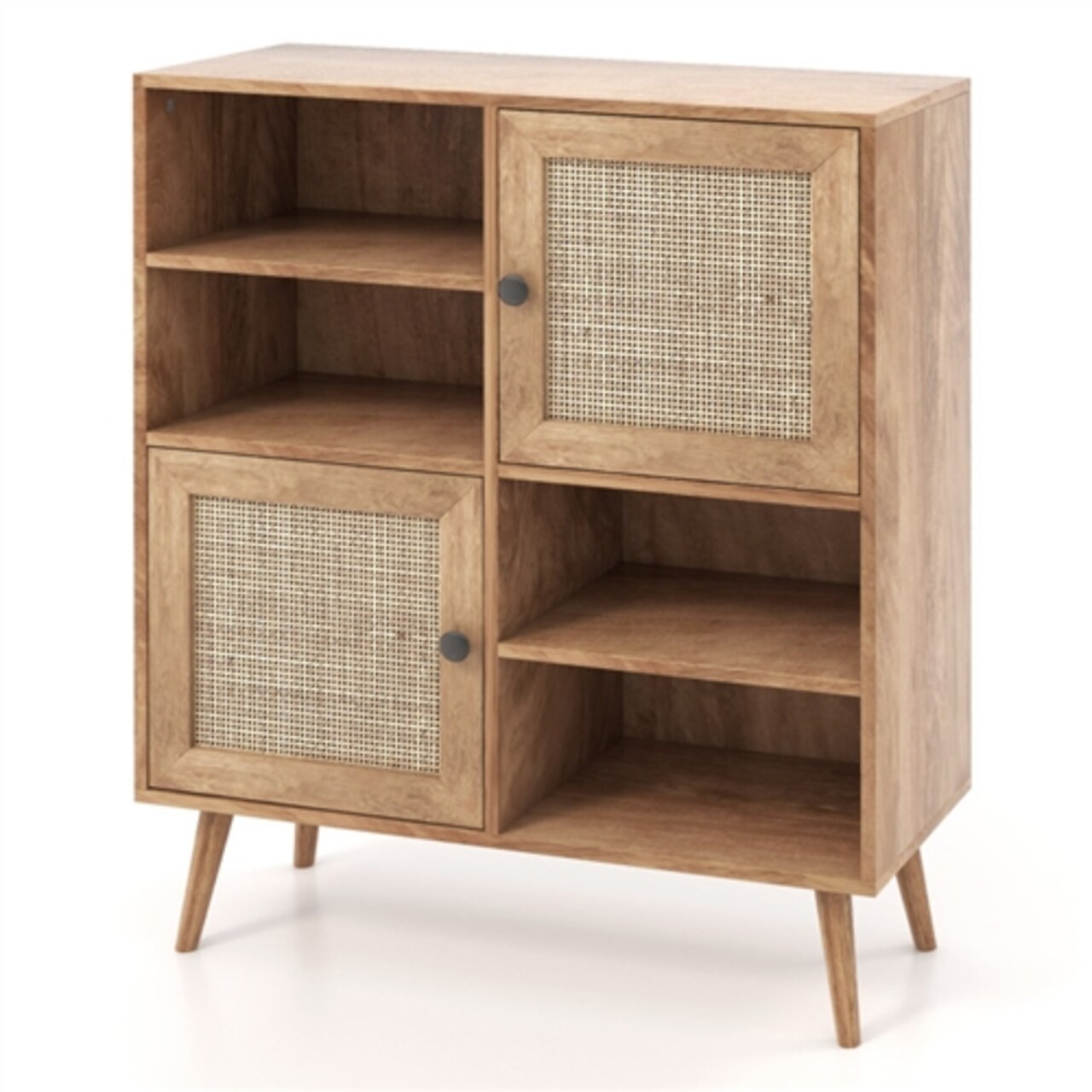 Mid-Century Modern Wood Sideboard Dining Buffet Storage Cabinet with Rattan Doors
